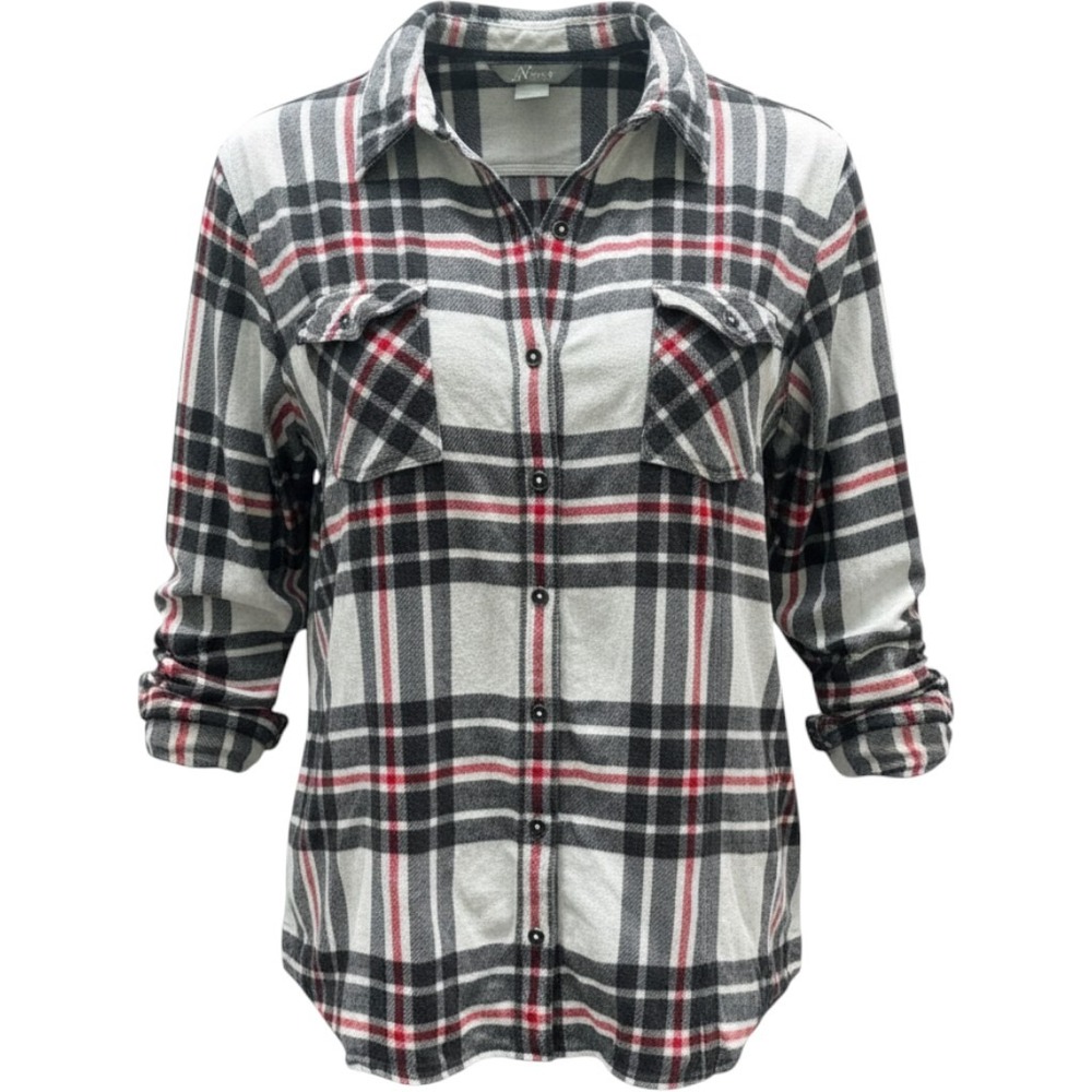 Natural Reflections Womens 3X Plaid Button Down Shirt White Black Red Cotton